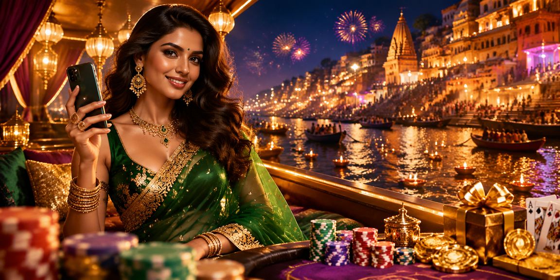 Teen Patti card game imagery with Varanasi Ghat in background